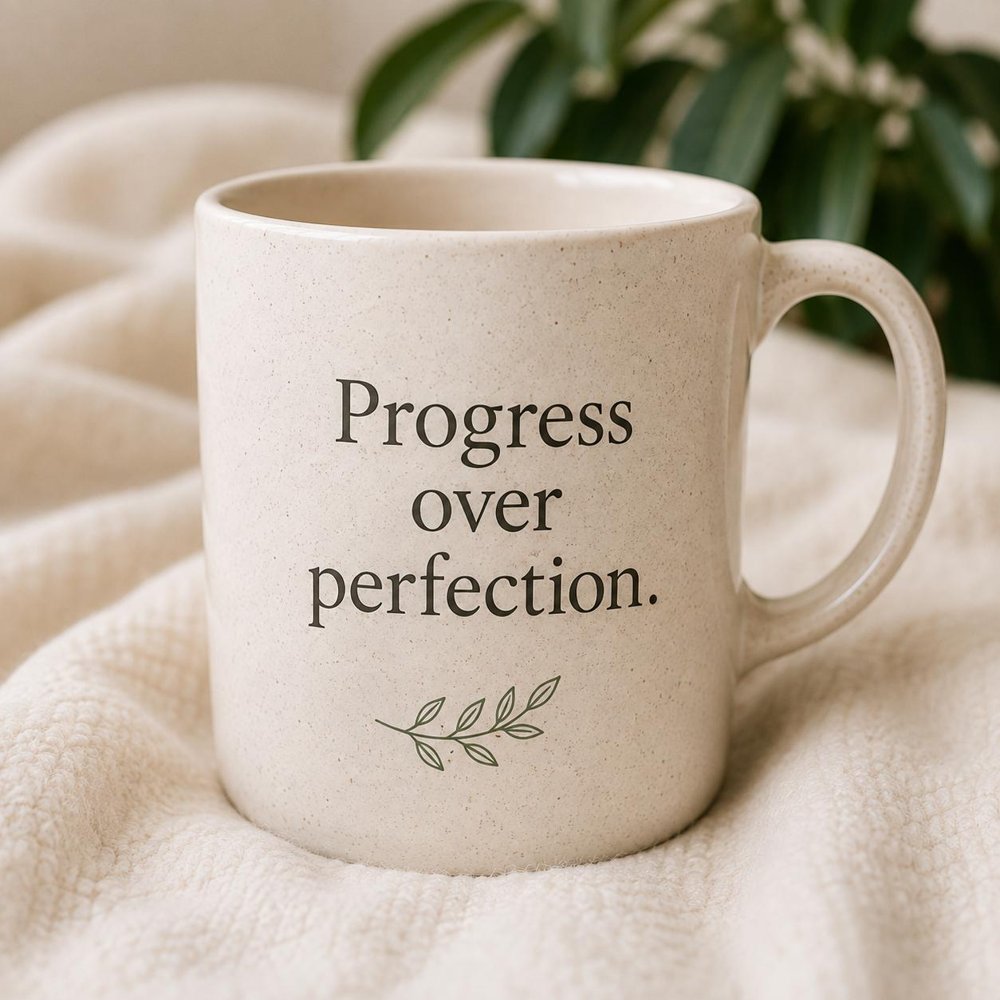 A mug that reads: Progress over perfection.